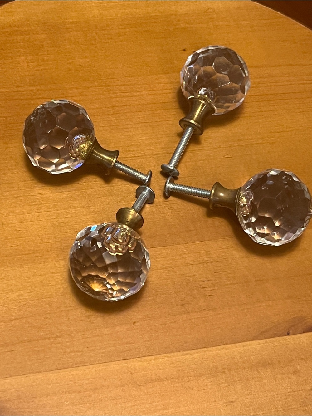 Crystal Faceted Glass Drawer Knob - with Antique Brass Base - Set of 4